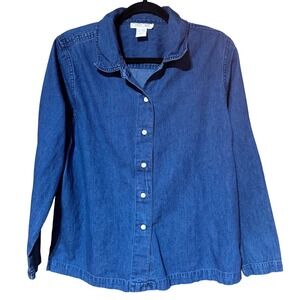 Cherokee Denim‎ Button Down Shirt Women's Large Long Sleeve Blue 100% Cotton